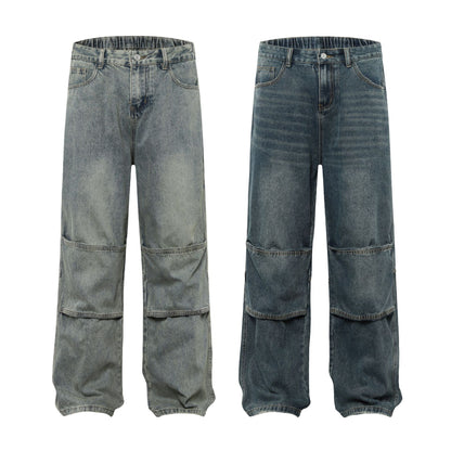 Washed Pleats Patchwork Wide Leg Denim Jeans WN26071