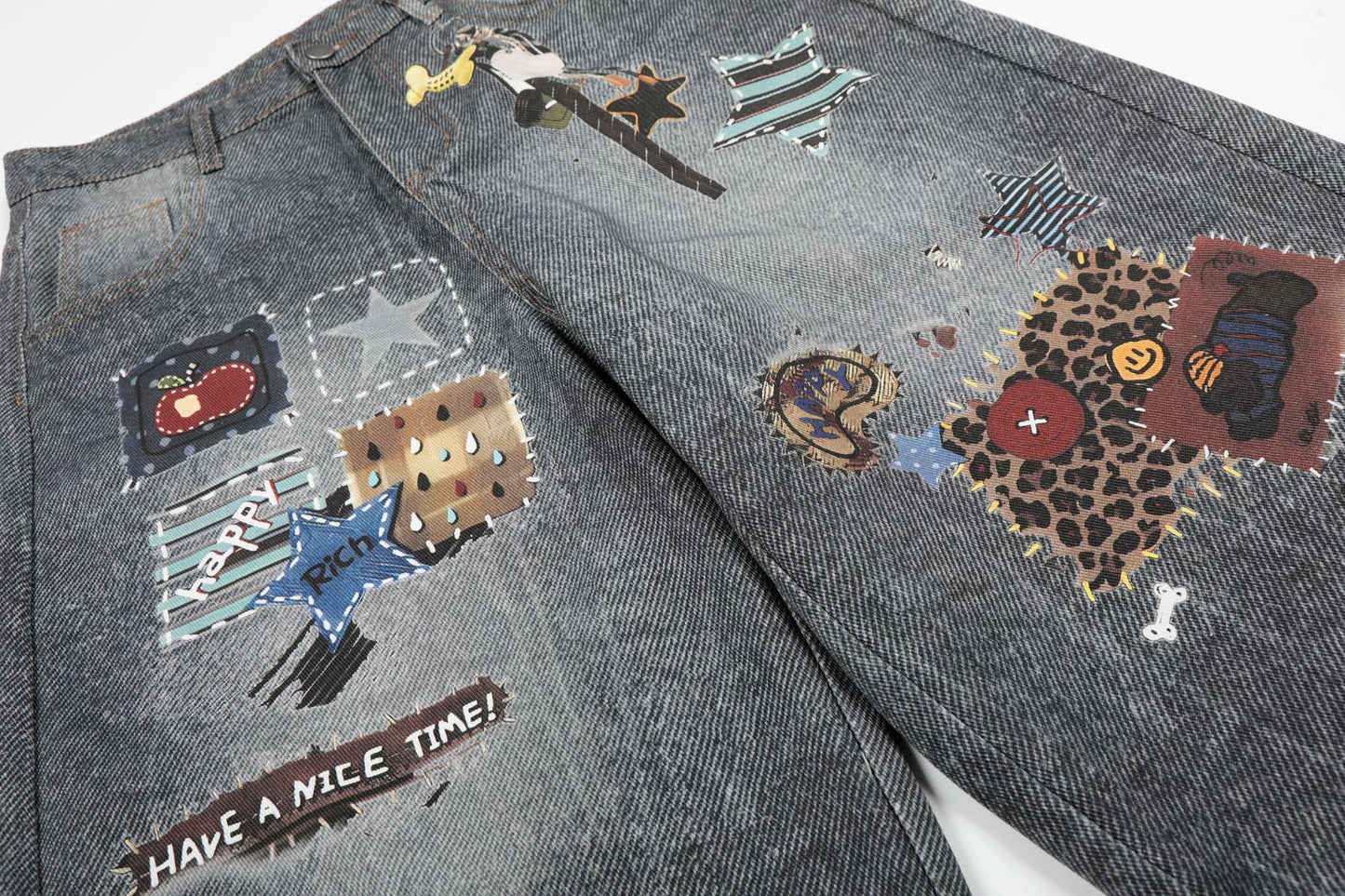 Applique Patchwork Wide Leg Half Denim Pants WN25625
