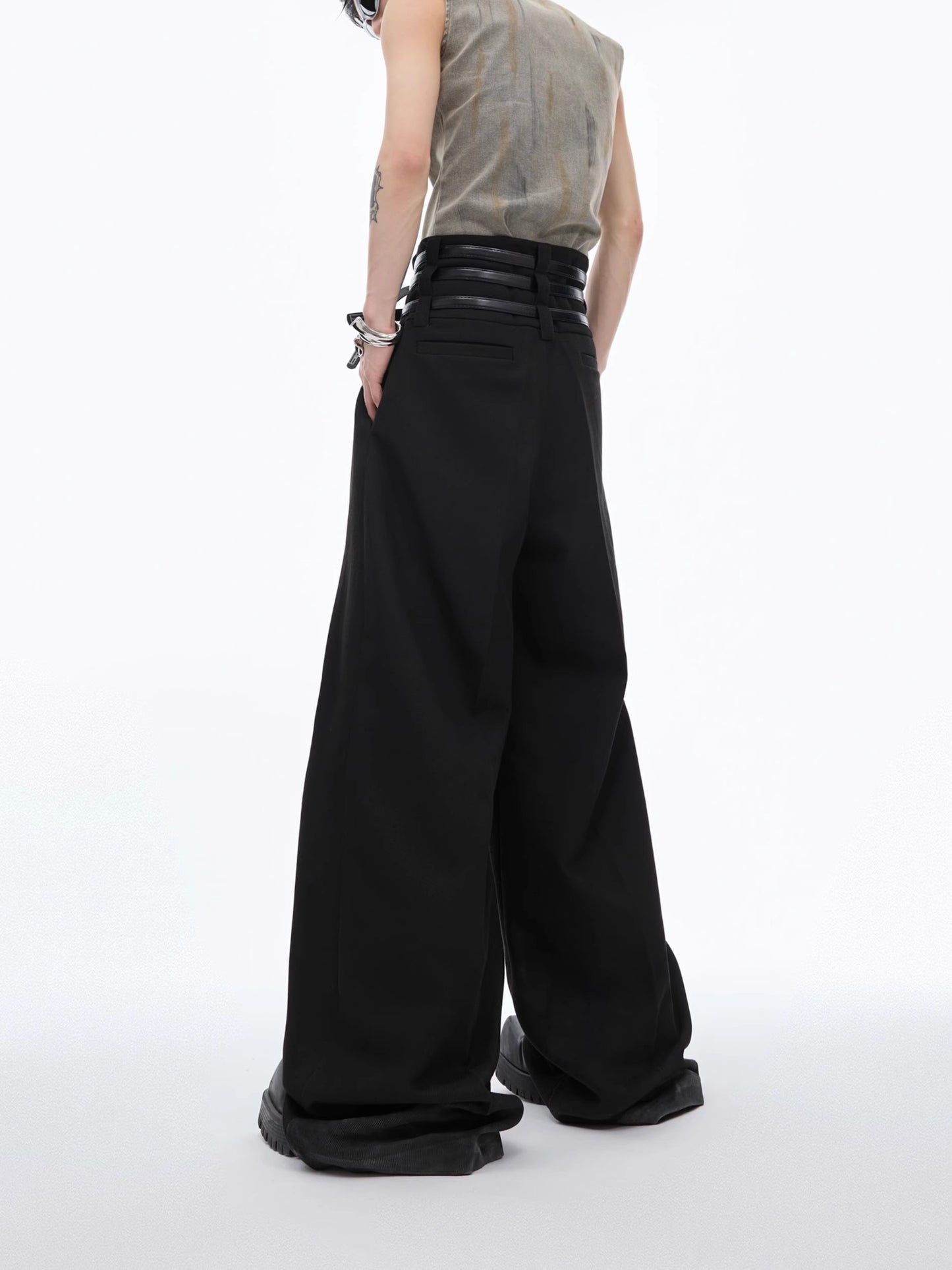 Pleats Waist Belt Design Wide Leg Trousers with Belts WN6471