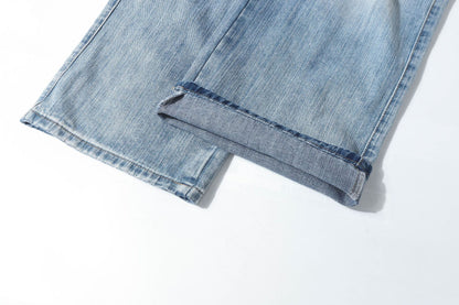 Damage Whisker Washed Wide Leg Denim Jeans WN25948