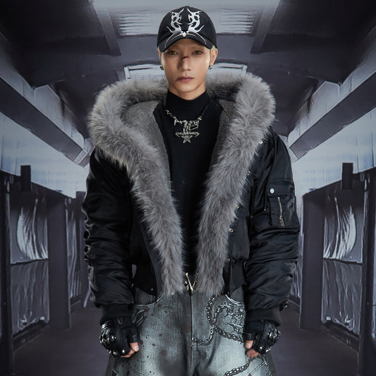 Detachable Fur Collar Pleated Sleeve Studded Hooded Fleece Jacket WN22841