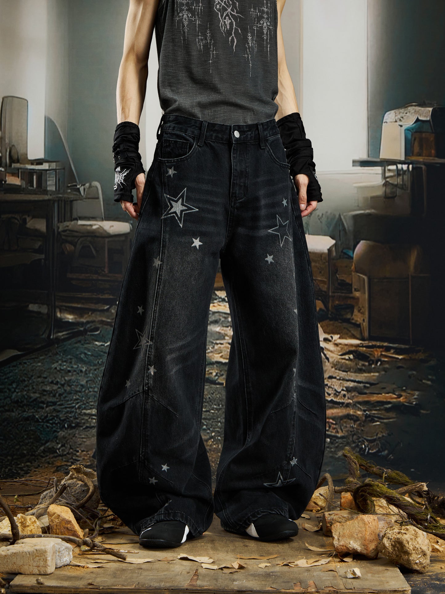 Star Print Washed Damage Wide Leg Denim Jeans WN22743