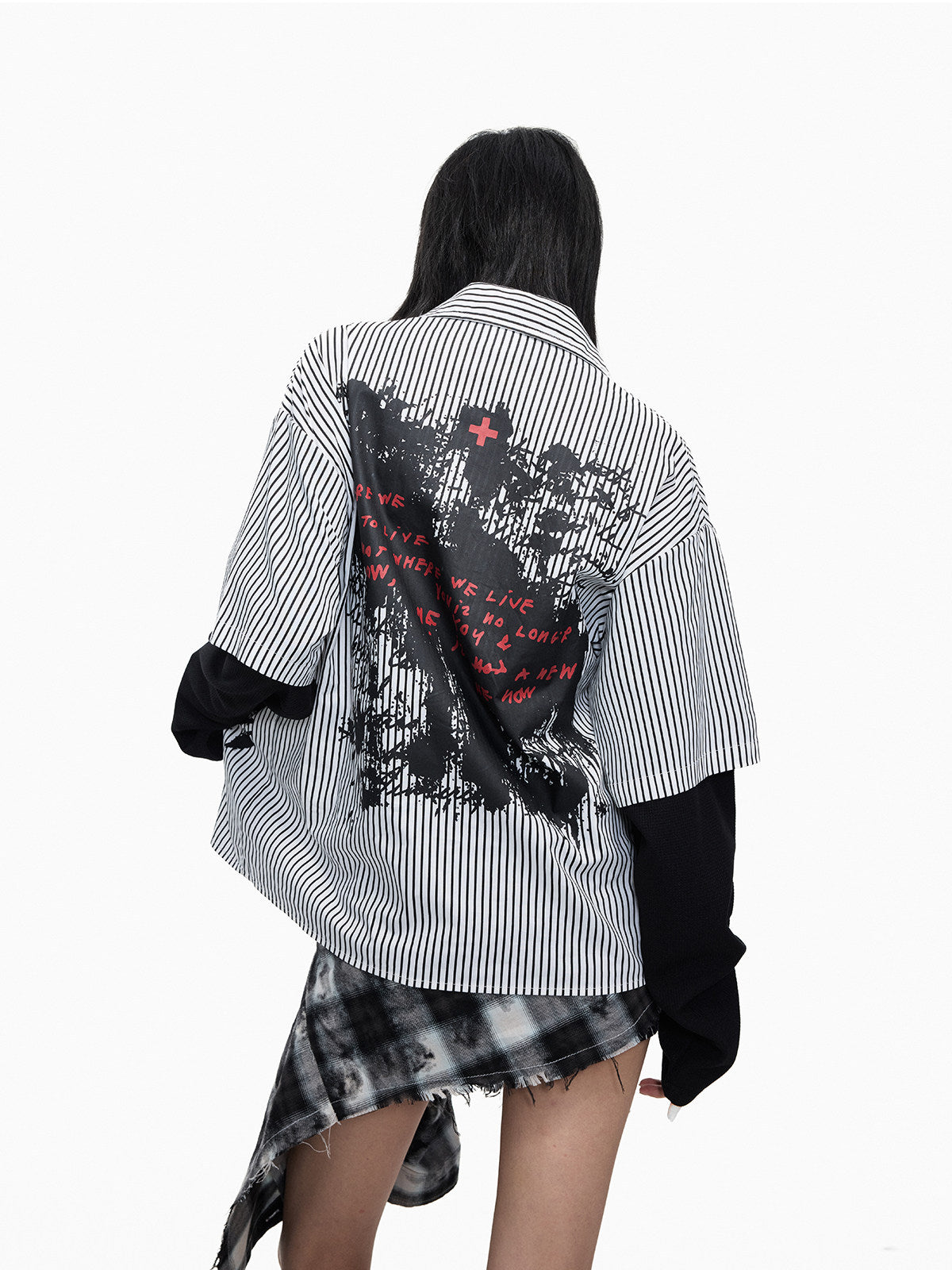 Striped Cross Print Fake Layered Long Sleeve Shirt WN27273