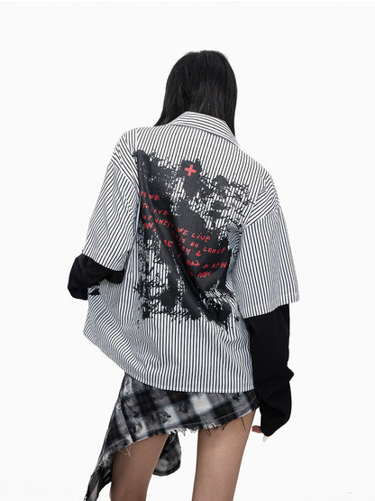 Striped Cross Print Fake Layered Long Sleeve Shirt WN27273