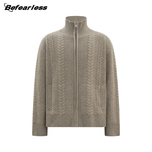 Heavyweight Cable-Knit High-Neck Zip-Up Oversize Knit Cardigan WN26314