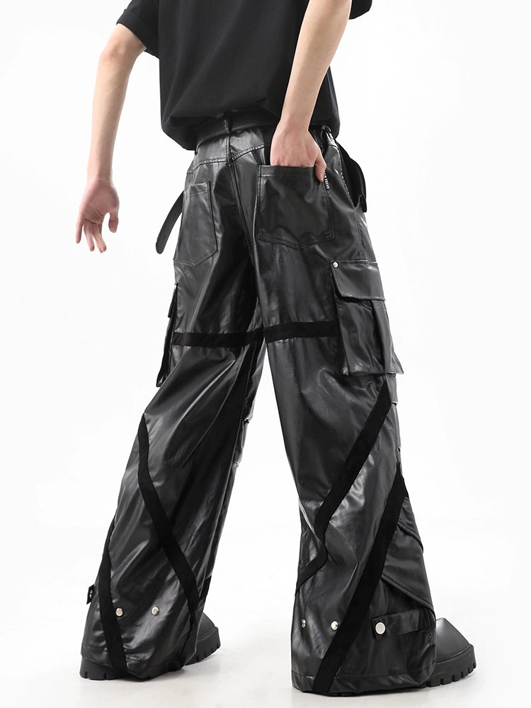 Wide-Leg PU Leather Cargo Pants WN10496