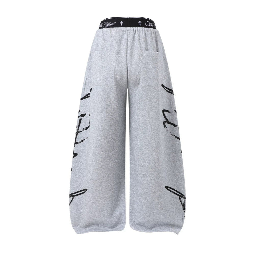 All-Over Graffiti Crackle Puff Print Wide Leg Sweatpants WN27852