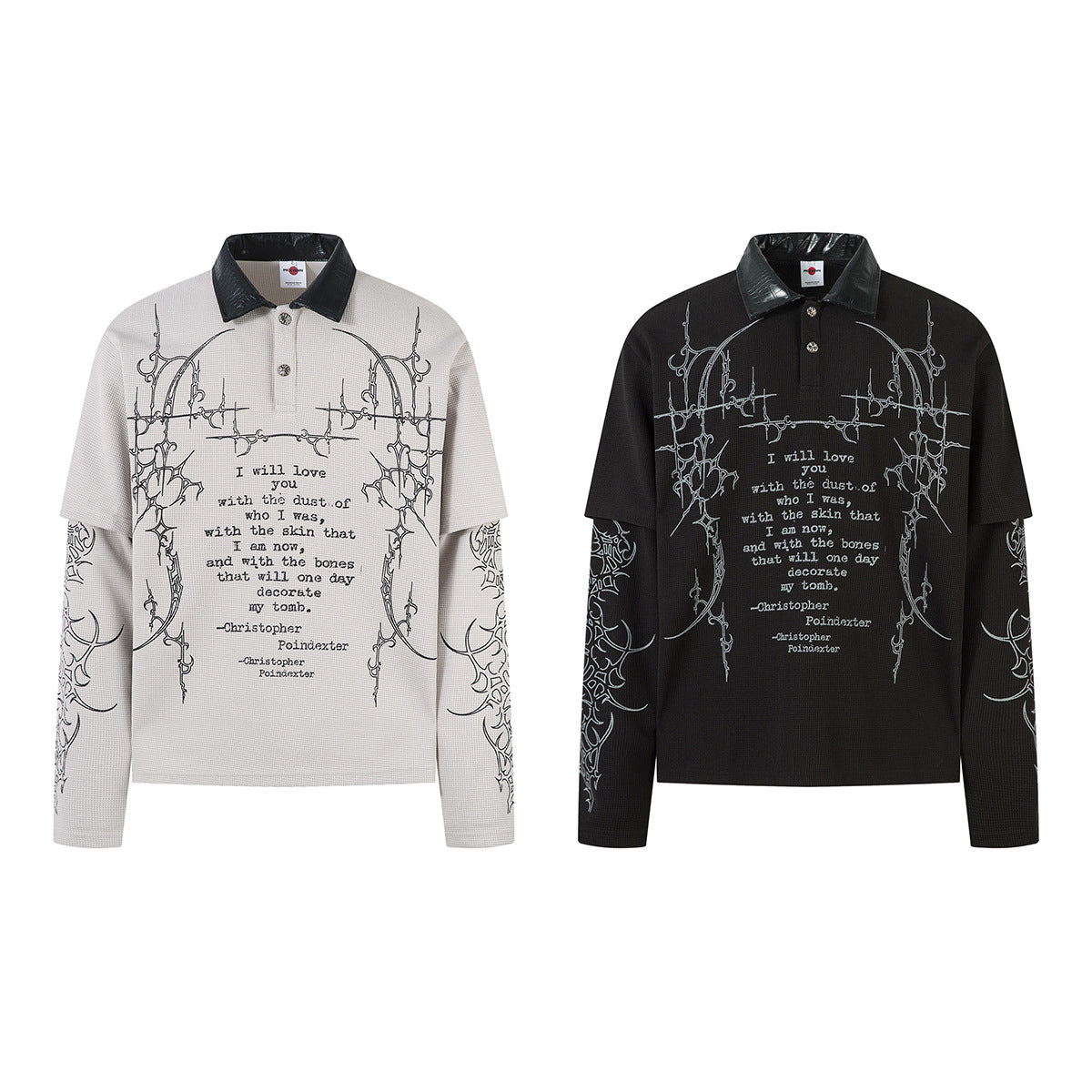 PU Leather Collar Thorn Print Fake Layered Long Sleeve Polo Shirt WN25550