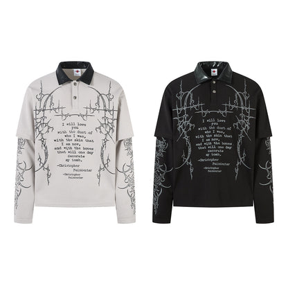 PU Leather Collar Thorn Print Fake Layered Long Sleeve Polo Shirt WN25550
