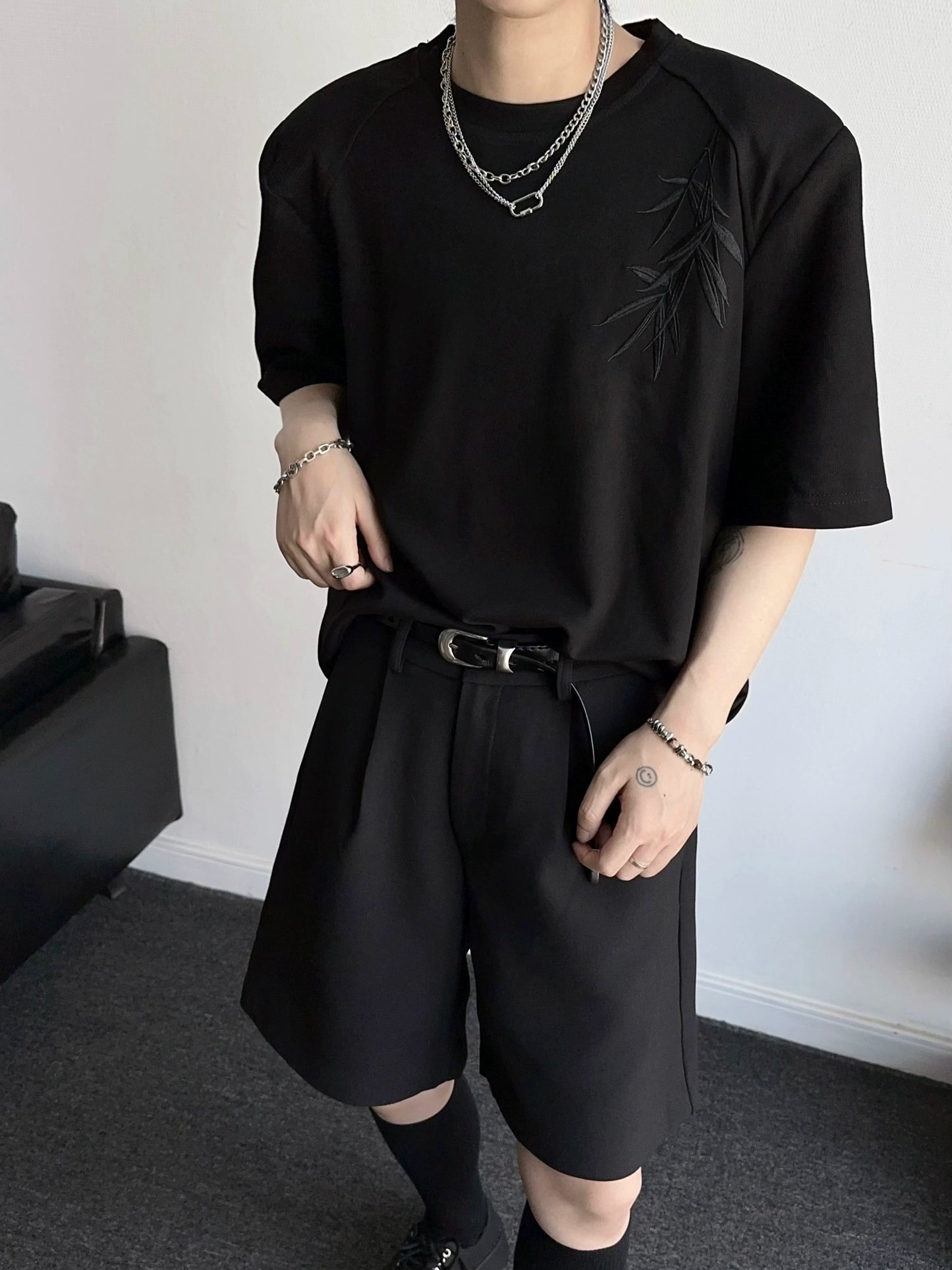 Shoulder-Pad Chinese Style Oversize Short Sleeve T-Shirt WN19348