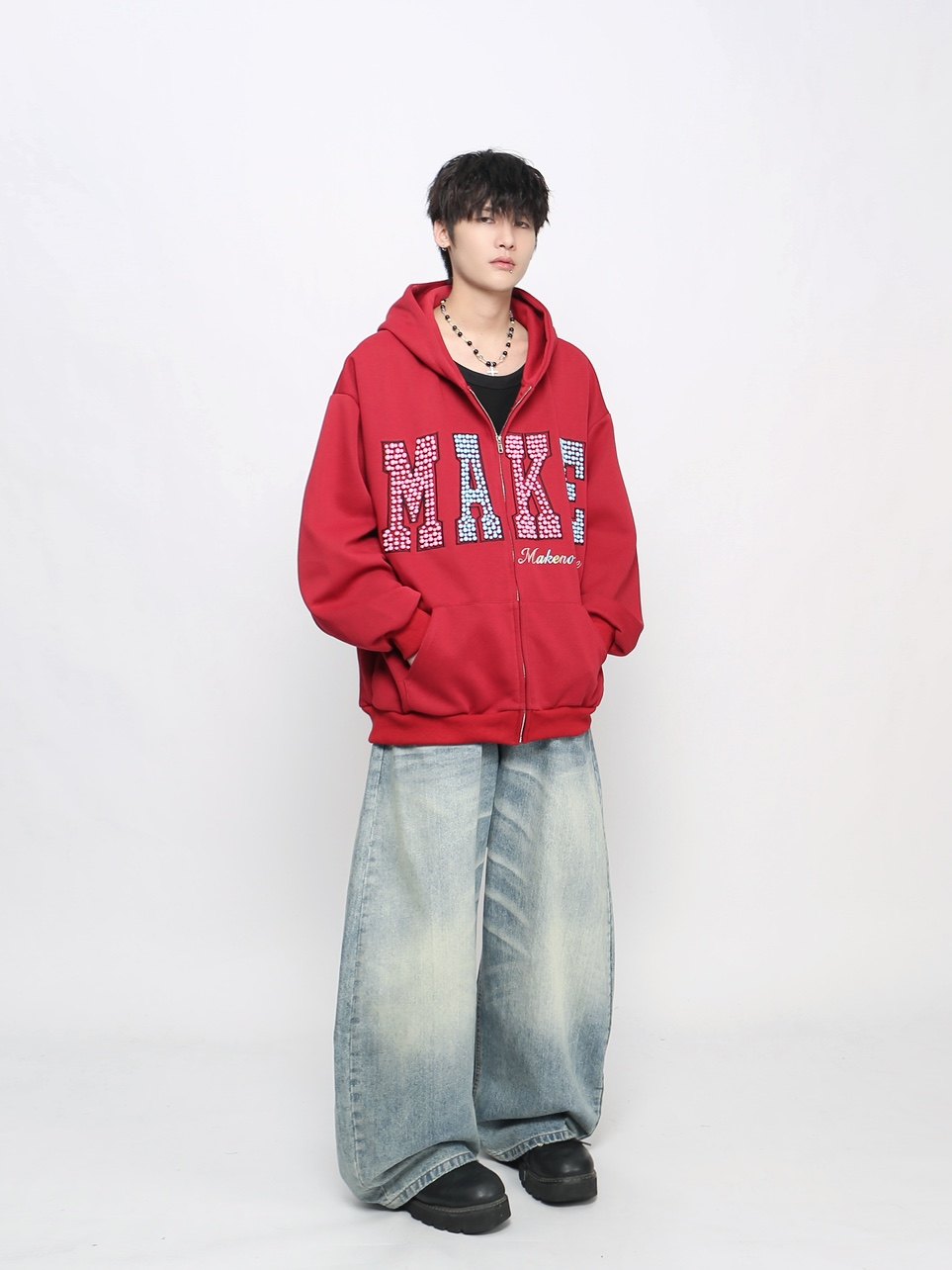 Letter Pearl Embroidery Zipper Hoodie WN24453