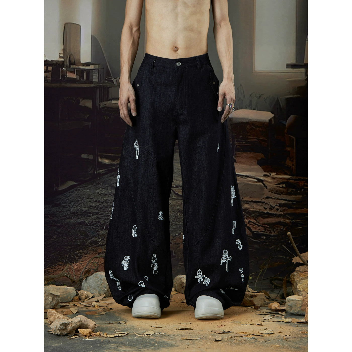 Fun Patch Embroidery Wide Leg Denim Jeans WN18424