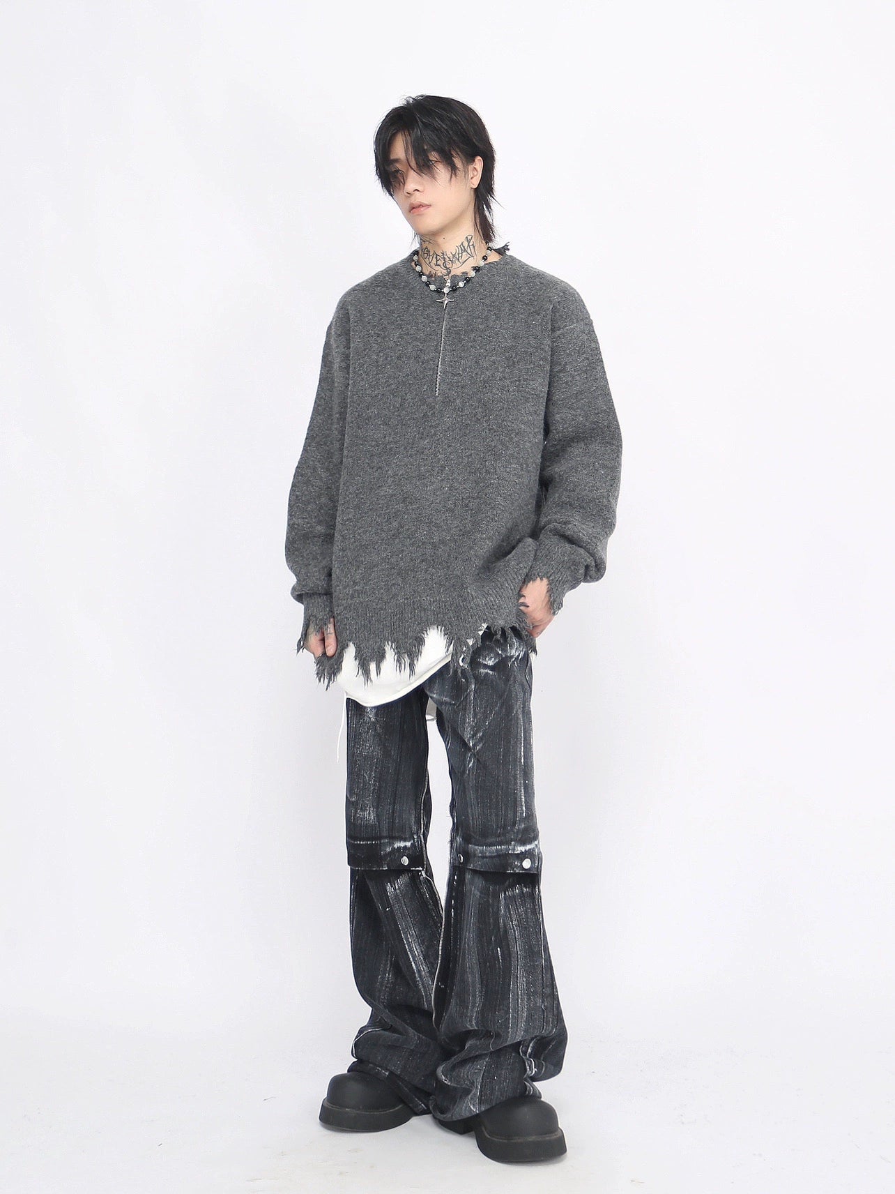 Half Zipper Oversize Damage Knit Sweater WN8718