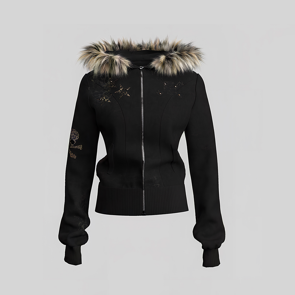 Fake Fox Fur Trim Skeleton Graphic Cropped Zipper Hoodie WN27097
