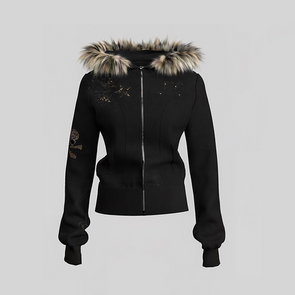 Fake Fox Fur Trim Skeleton Graphic Cropped Zipper Hoodie WN27097