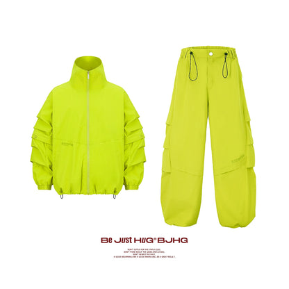 High-neck Detachable Sleeve Sporty Jacket & Wide Leg Sporty Cargo Pants Setup WN9716