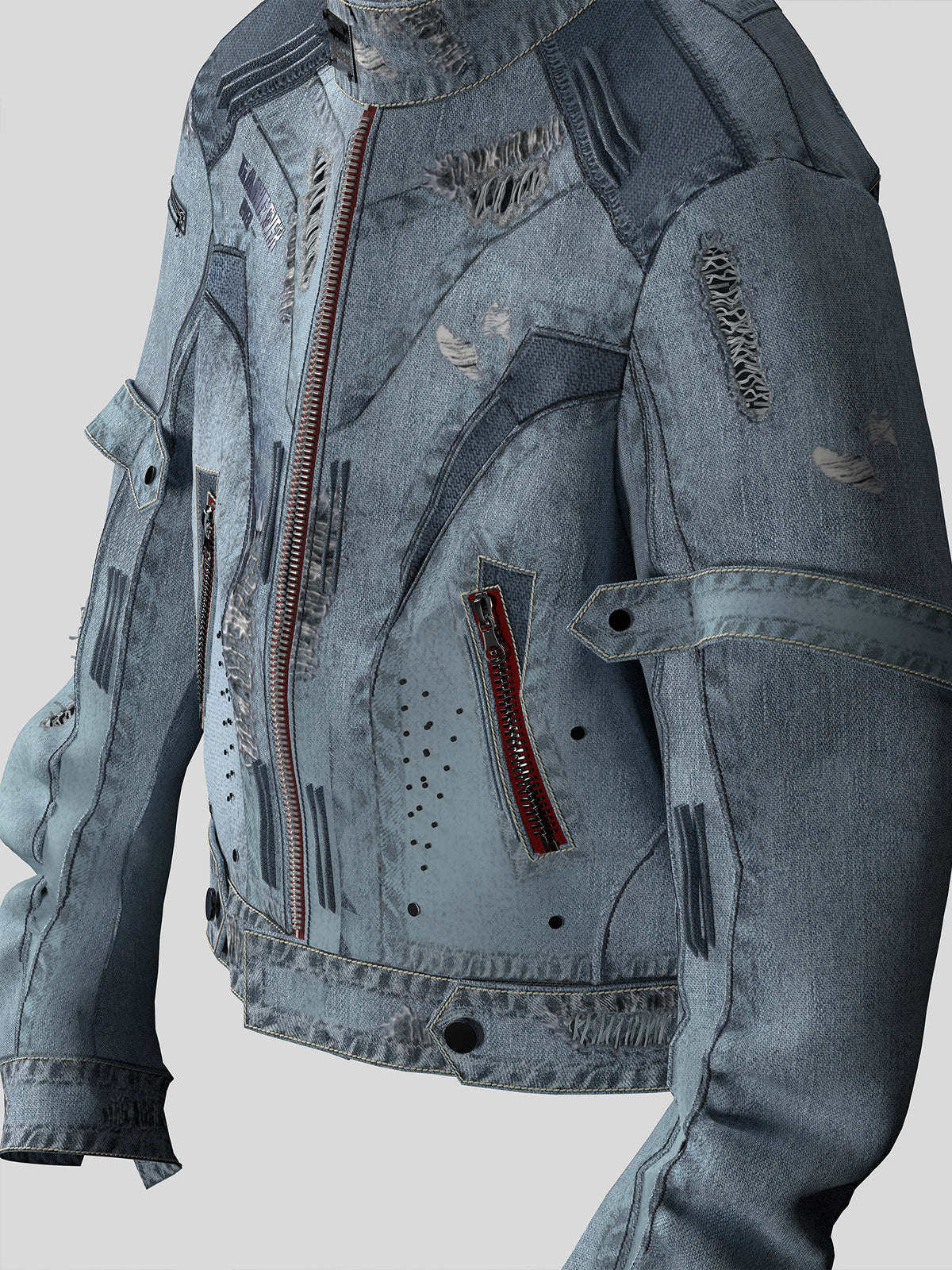 Stand Neck Damage Zipper Denim Jacket WN27105
