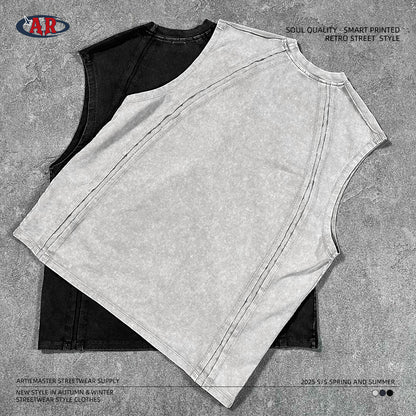 Washed Wax Dye Patchwork Raw Hem Tank Top WN16281