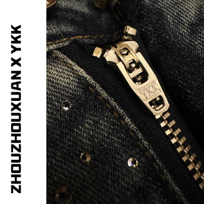 Rhinestone Star Wash Straight Denim Jeans WN20696