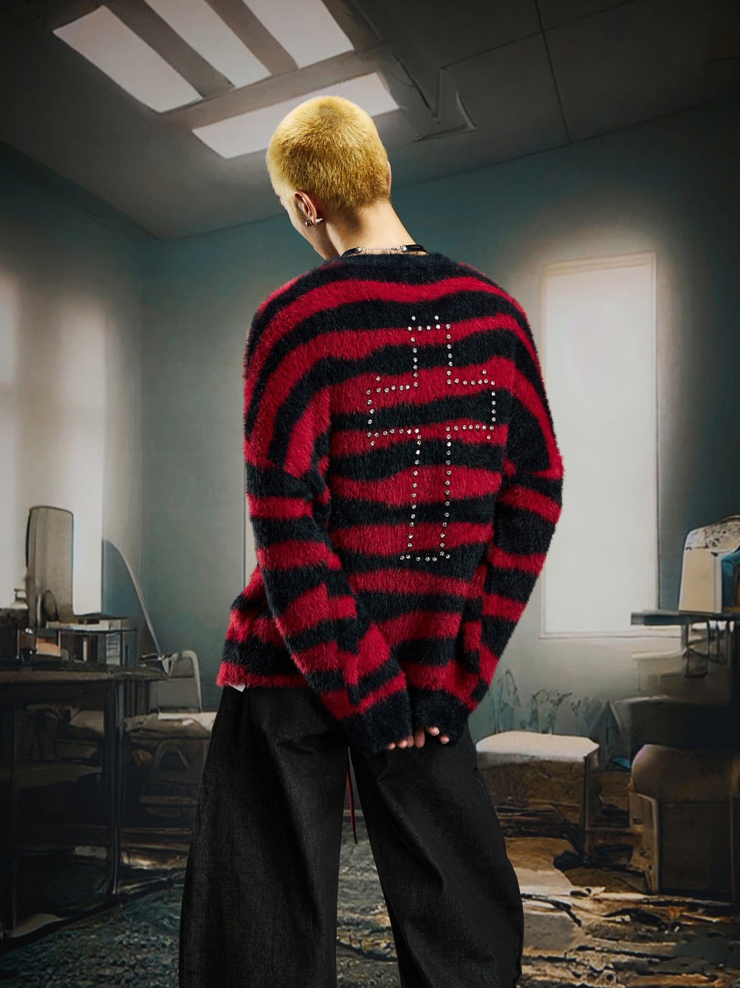 Striped Rhinestone Fake Mohair Oversize Knit Sweater WN22733