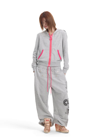 Double Waist Graphic Print Drawstring Wide Leg Sweatpants WN27194