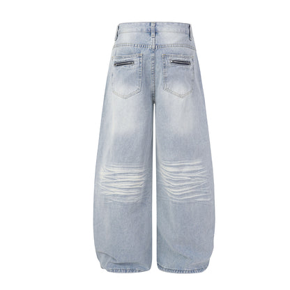 Washed Whisker Damage Wide Leg Denim Jeans WN25532