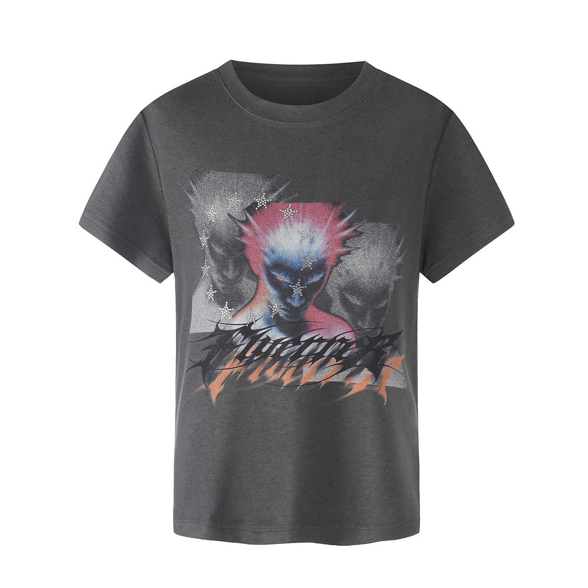 Multi-Portrait Print Washed Cropped Short Sleeve T-Shirt WN27431