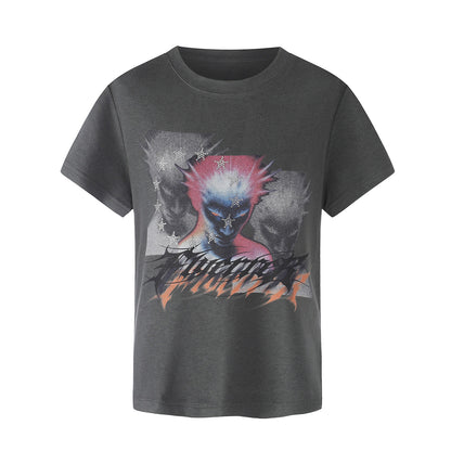 Multi-Portrait Print Washed Cropped Short Sleeve T-Shirt WN27431