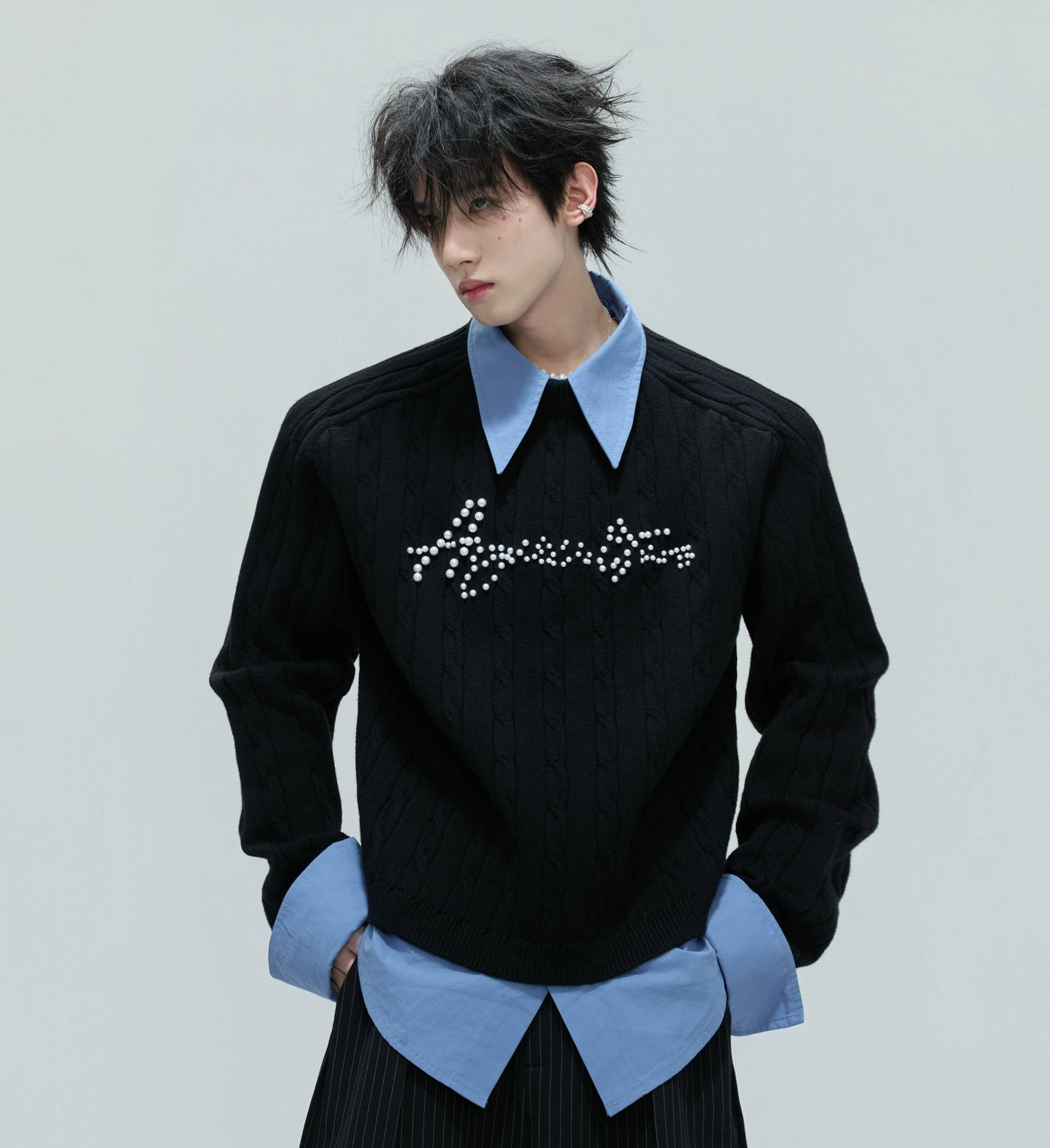 Fake Layered Pearl Embellished Thick Knit Sweater WN21721