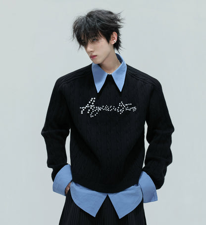 Fake Layered Pearl Embellished Thick Knit Sweater WN21721