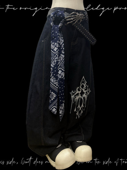 Ink Drop Thorn Scimitar Cross Wide Leg Denim Jeans & Skull Belt & Scarf WN20120