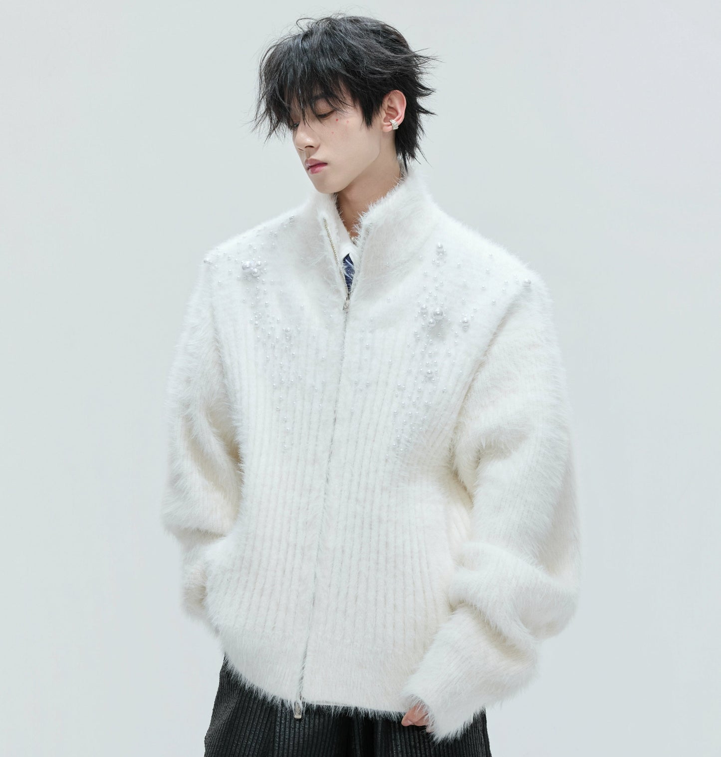 Pearl Embellished High-Neck Furry Knit Zipper Cardigan WN21720