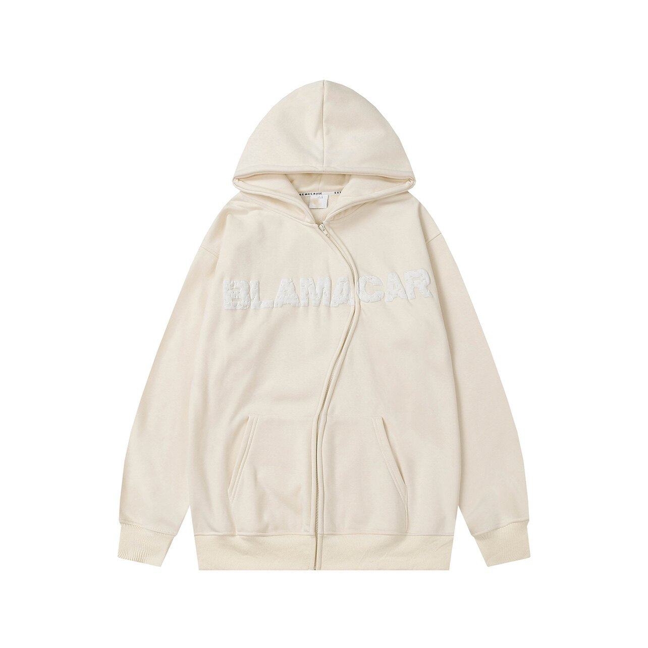 Asymmetrical Zipper Graphic Print Fleece-Lined Oversize Hoodie WN24407