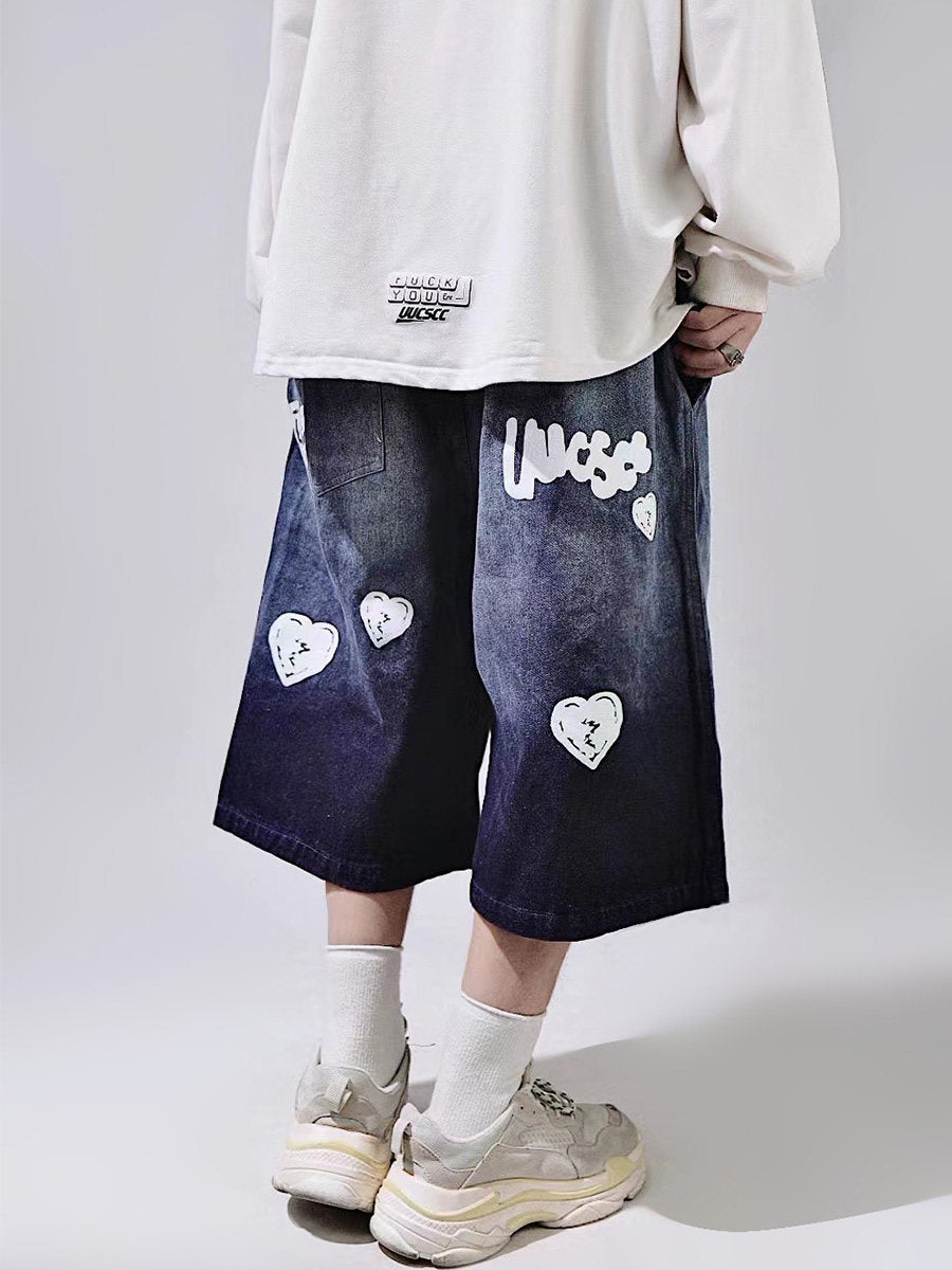 Heart Design Wide Leg Half Denim Jeans WN23997