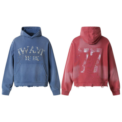 Washed Letter Rhinestone Design Damage Hoodie WN25384