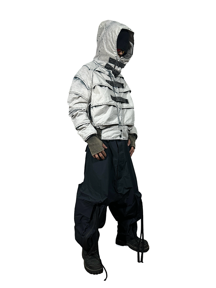 Faded Washed Pleats Structured Hooded Short Jacket WN21984