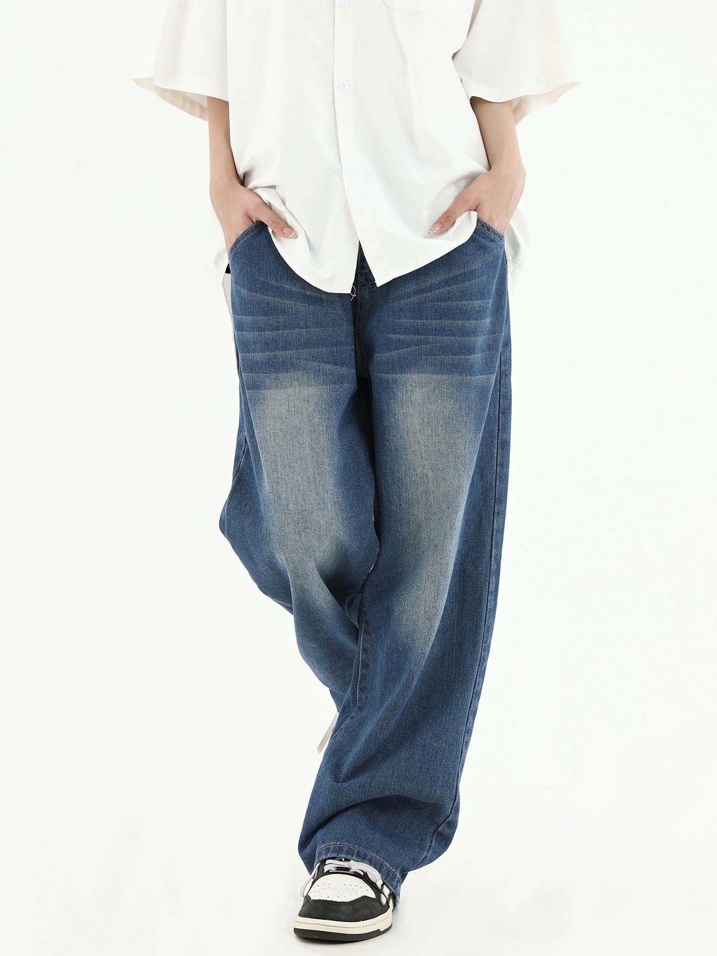 Washed Wide-Leg Straight Cargo Denim Jeans WN7222