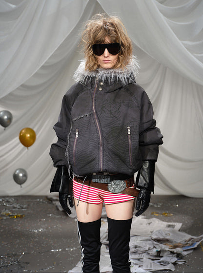 Fake Fur Collar Washed Deconstruction Puffer Jacket WN21925