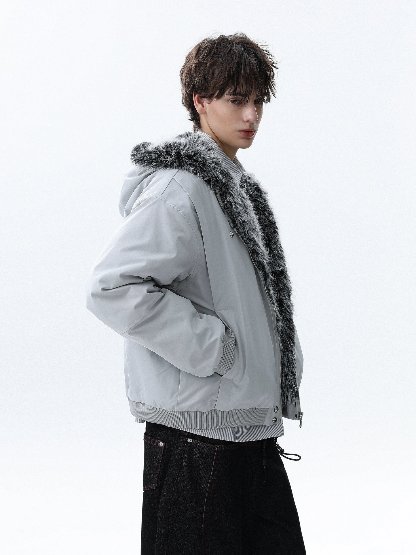 Fake Fur-Collar Hooded Zipper Jacket WN22089