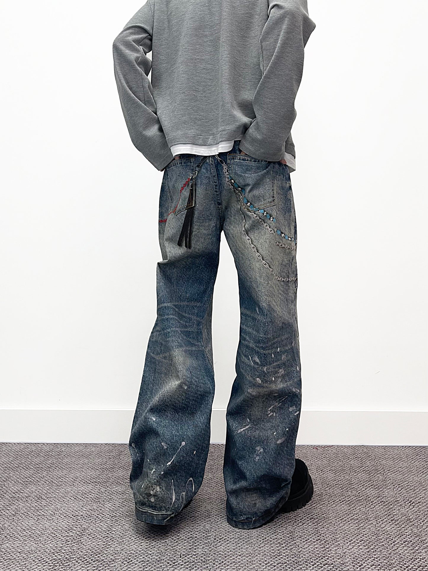 Chain Pendant Print Splatter Wash Wide Leg Denim Jeans WN24240