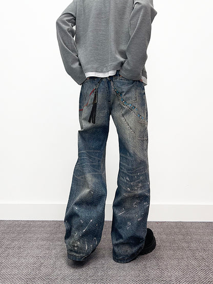 Chain Pendant Print Splatter Wash Wide Leg Denim Jeans WN24240