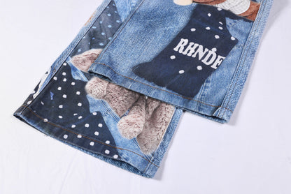Washed 3D Character Print Wide Leg Denim Jeans WN25975