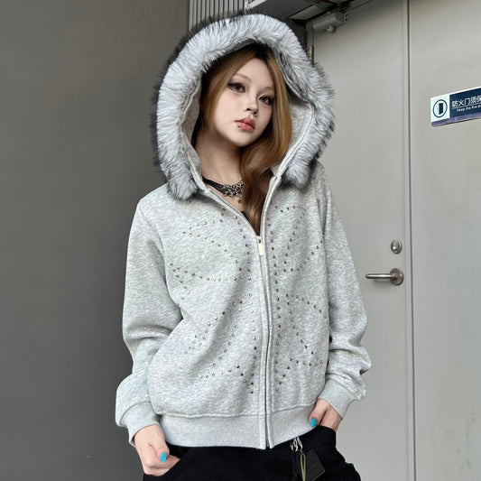 Fake Fur Collar Studs Detail Zipper Hoodie WN24184