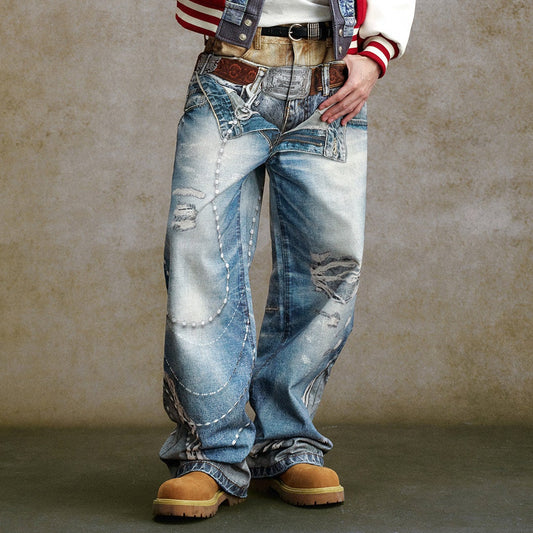 Mix Patchwork Damage Studs Wide Leg Denim Jeans WN23220