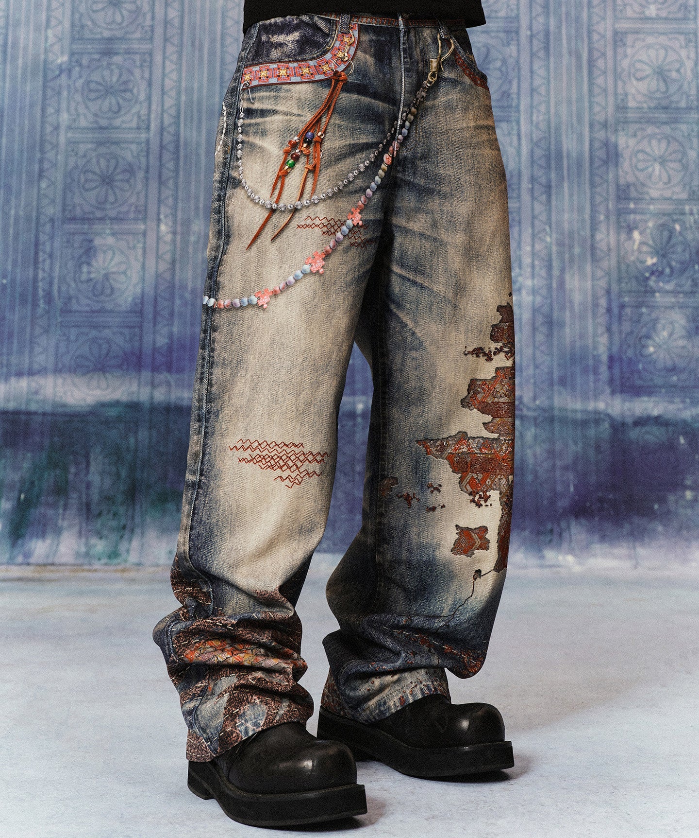 Ethnic Print Chain Wide Leg Denim Jeans WN23207