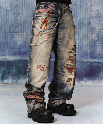 Ethnic Print Chain Wide Leg Denim Jeans WN23207