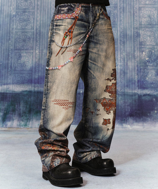 Ethnic Print Chain Wide Leg Denim Jeans WN23207
