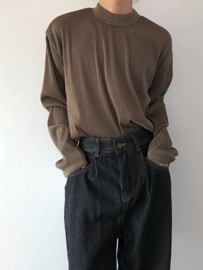 Pleats Stripe High-Neck Long Sleeve T-Shirt WN19984