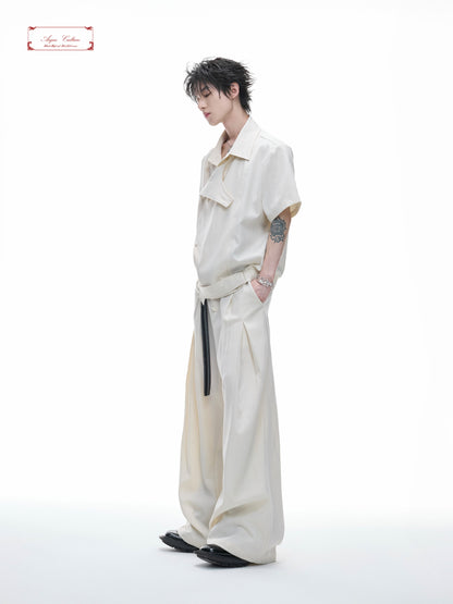 Deconstructed Stripe Embroidery Short Sleeve Shirt & Wide Leg Pants Setup WN27012