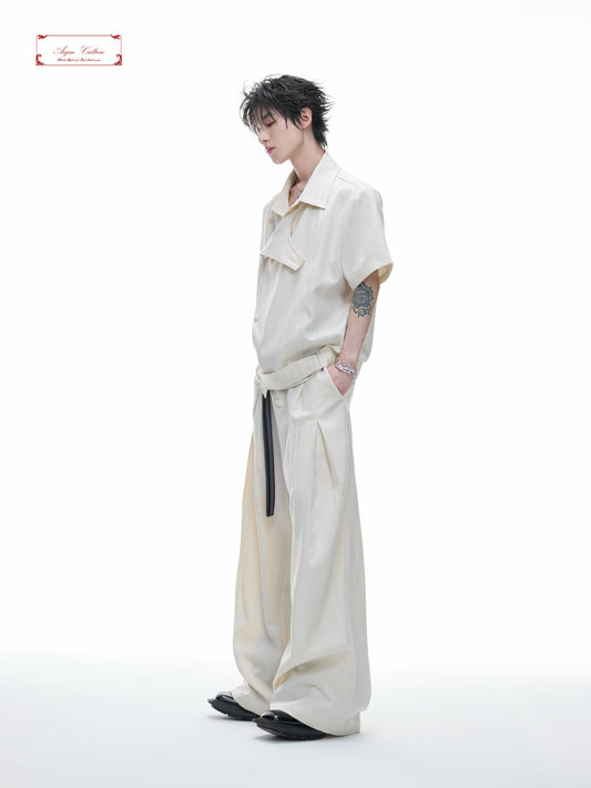 Deconstructed Stripe Embroidery Short Sleeve Shirt & Wide Leg Pants Setup WN27012